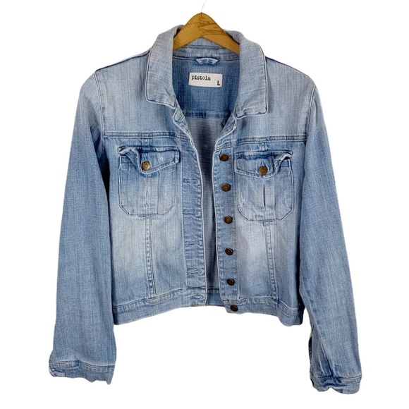 pistola Jackets & Blazers - Pistola Light Wash Distressed Denim Jacket Large